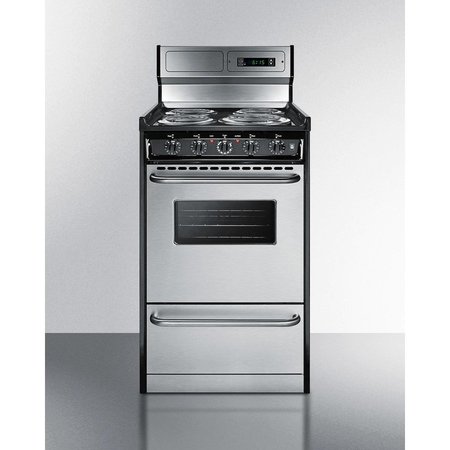 SUMMIT APPLIANCE DIV. Summit-Deluxe 220V Electric Range, Slim 20"W, Stainless Steel Doors TEM130BKWY